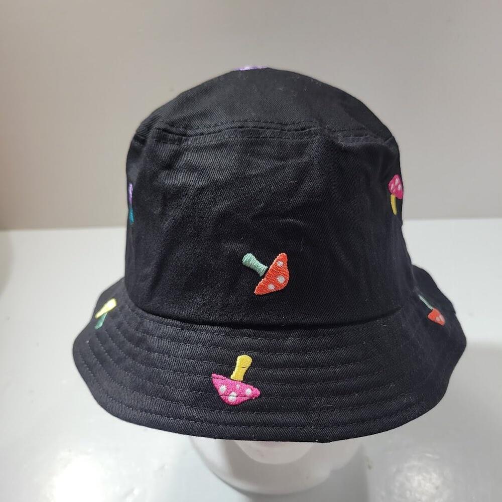 A-Lab Hat Cap Bucket Embroidered Mushroom Pattern Black Psychedelic Mens Unisex
